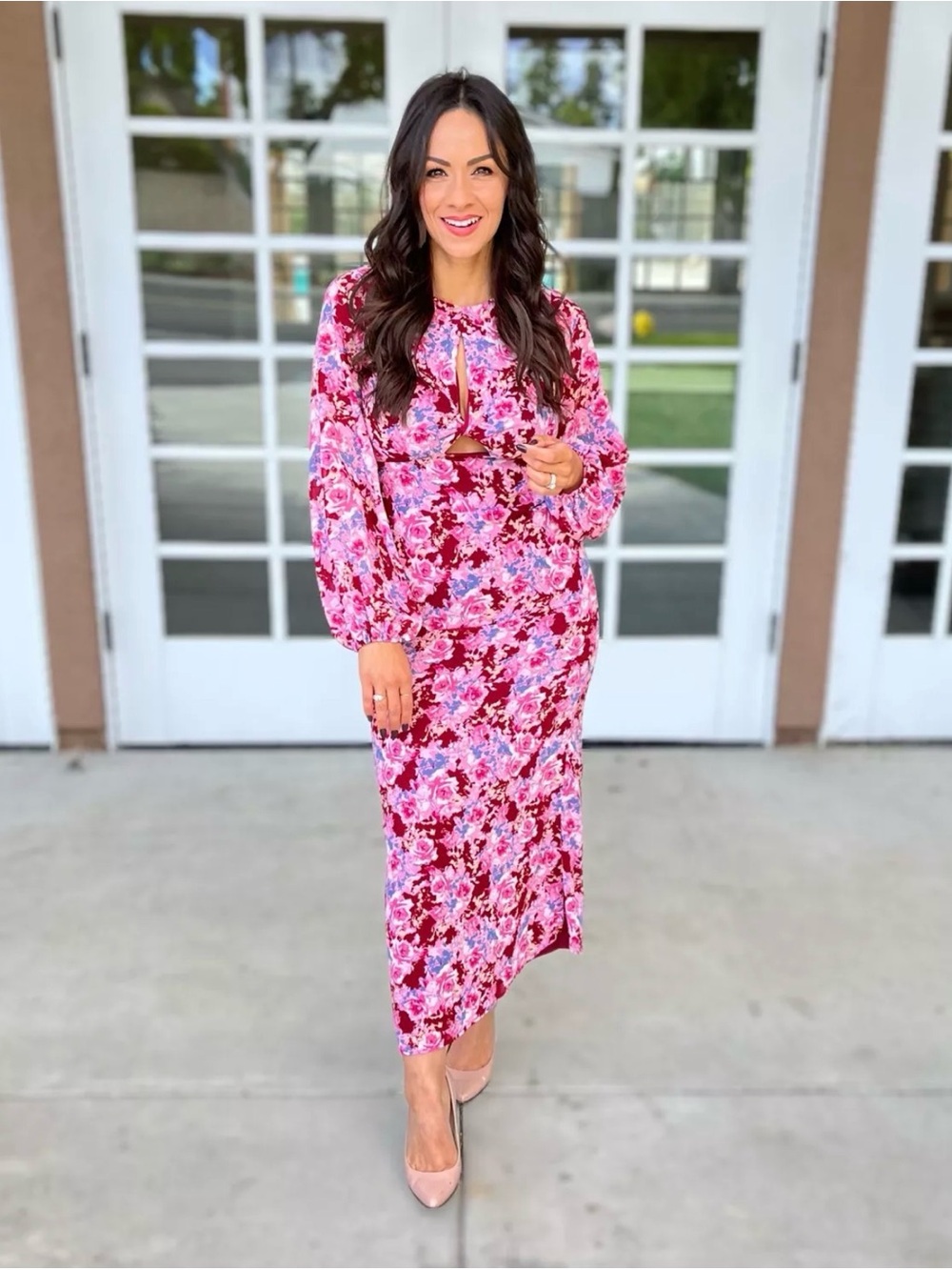 LUSH VICI Pink Multi Floral Keyhole Midi Dress